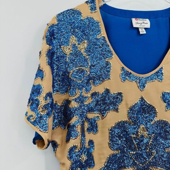 Tracy Reese for Target Small Tan & Blue Sequin Patterned Short Sleeve Blouse Top - Picture 4 of 7